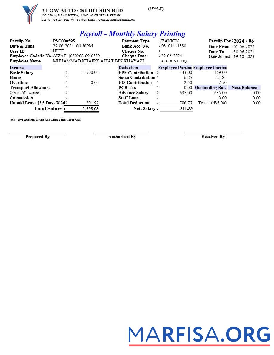 Printable Yeow Auto Credit payroll sample